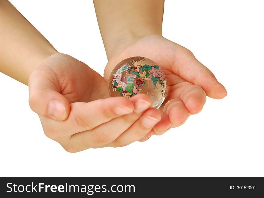 Glass globe in hand, isolated