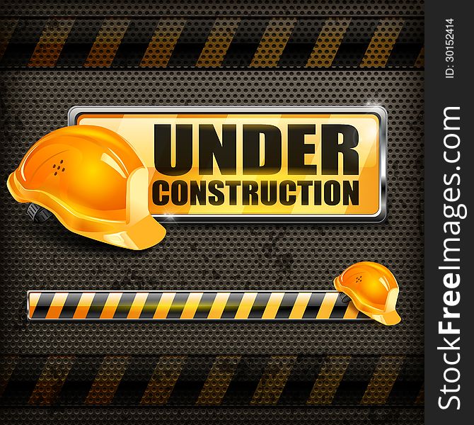 Under construction sign yellow & helmet on black background, vector illustration. Under construction sign yellow & helmet on black background, vector illustration