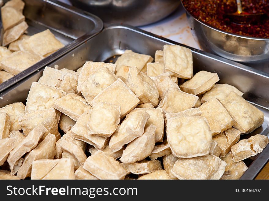 Fried bean curd in a Chinese market