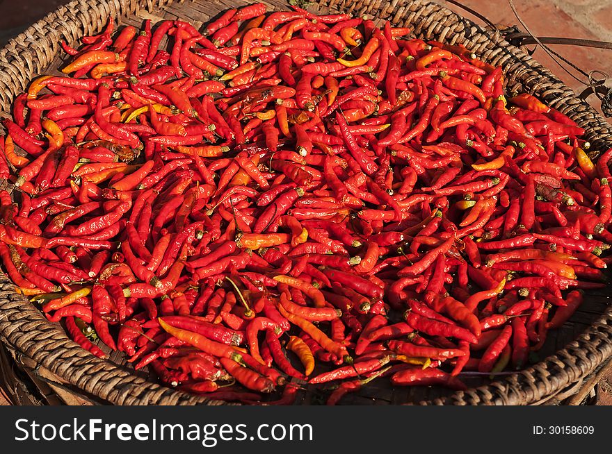 Basket Of Red Chili Peppers In The Sun.