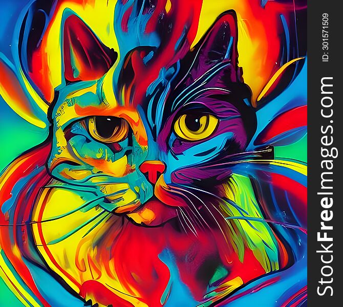 Colorful oil water color painting of inquisitive cat with large eyes, pop art. Colorful oil water color painting of inquisitive cat with large eyes, pop art.