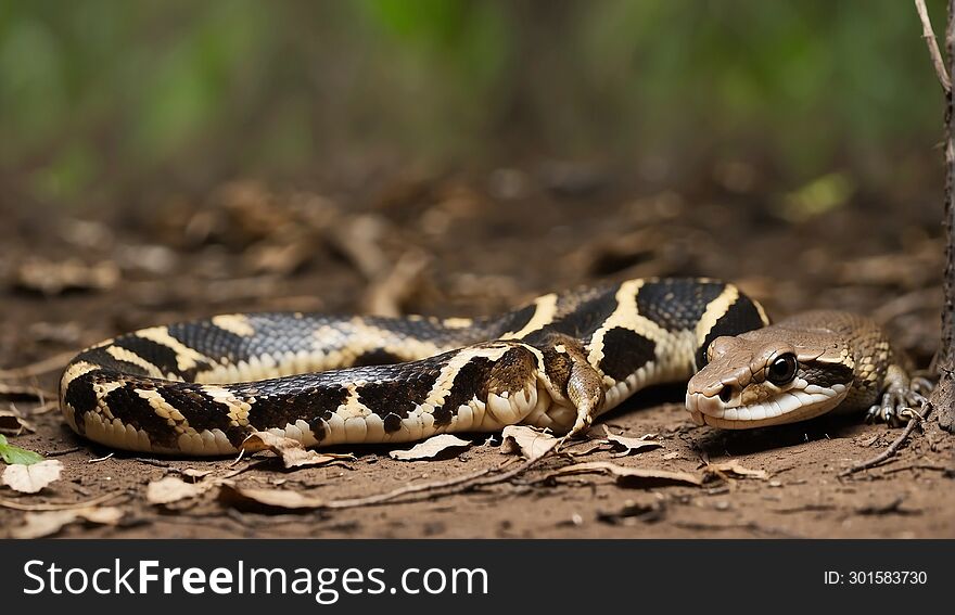 A medium size boa-constrictor snake swallows the tail as the last bit of a squirrel meal.