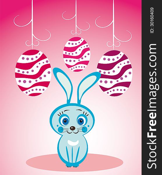 Vector graphic illustration of beautiful colored Easter eggs and blue cute sitting rabbit. Vector graphic illustration of beautiful colored Easter eggs and blue cute sitting rabbit