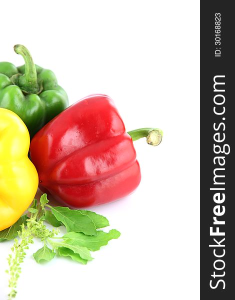 A Bell peppers Three colors on white Background. A Bell peppers Three colors on white Background.