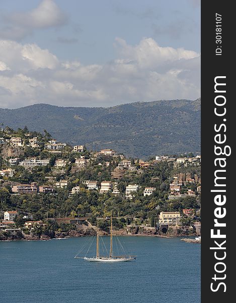 This Image taken near Boulouris on the cote dÂ´azur, France, 2013 was chosen as it combines some of the tradition mediterranean features such as a blue sea, a yacht, lush greenery and mountains. This Image taken near Boulouris on the cote dÂ´azur, France, 2013 was chosen as it combines some of the tradition mediterranean features such as a blue sea, a yacht, lush greenery and mountains