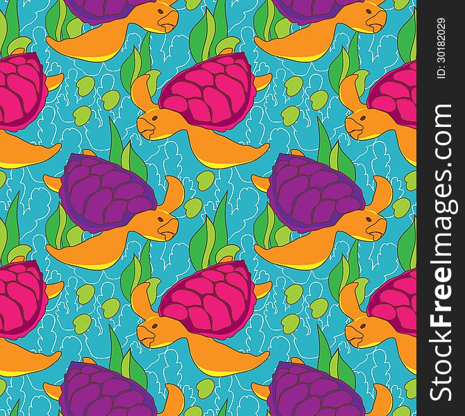 Seamless pattern with colored turtles