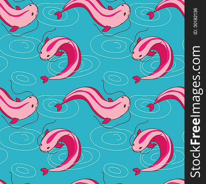Vector seamless pattern with pink fish on the sea