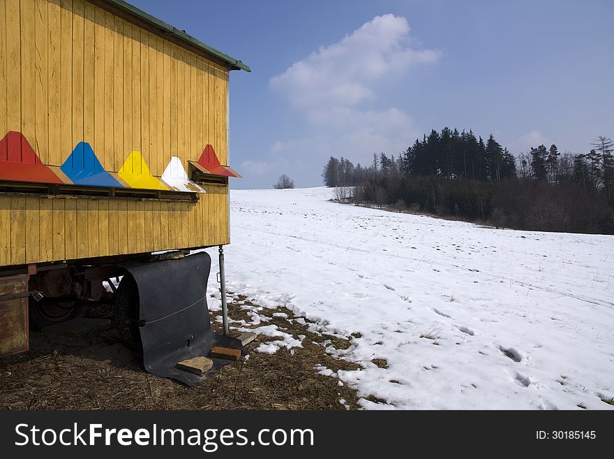 Detail of wooden bee hive in winter. Detail of wooden bee hive in winter