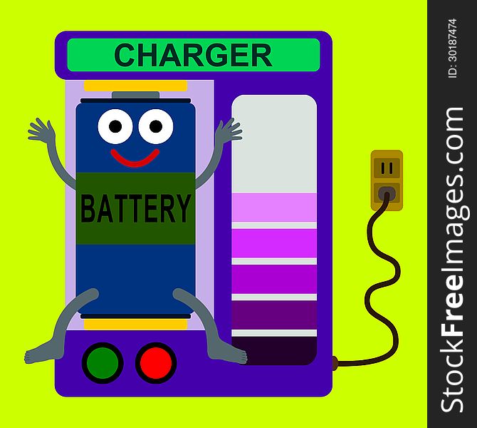 A cartoon illustration of a battery being charged. A cartoon illustration of a battery being charged
