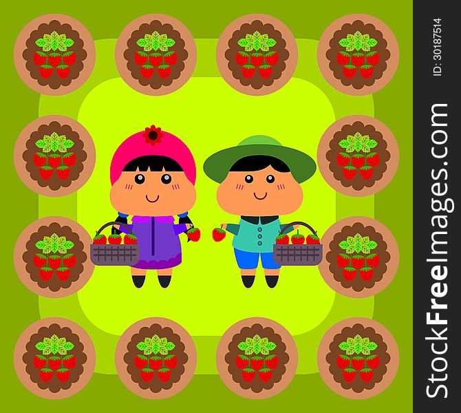 A cute illustration of two cartoon characters picking strawberries. A cute illustration of two cartoon characters picking strawberries