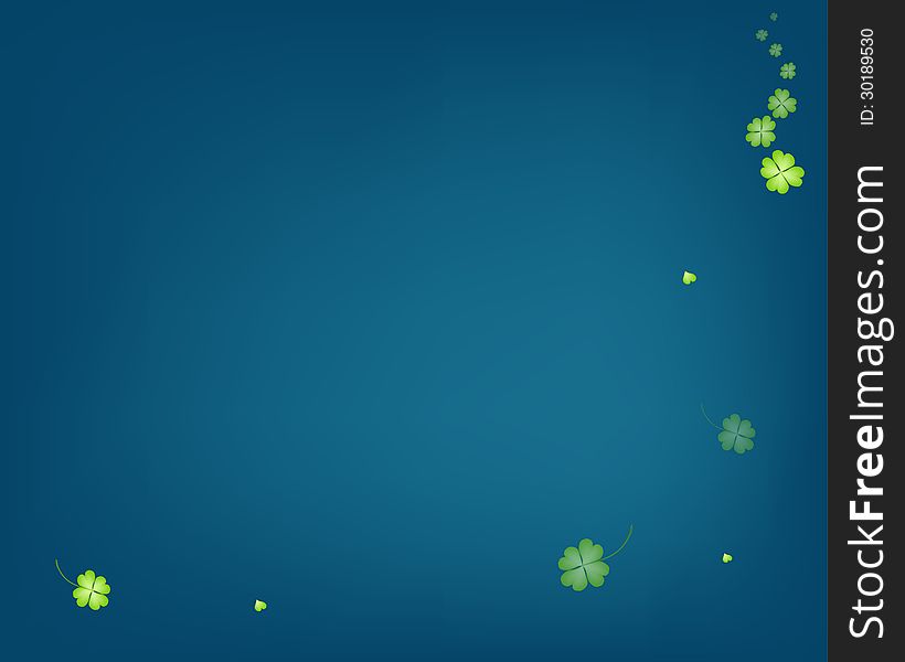 Elegant Template of Abstract Delicate Fresh Green Four Leaf Clover Plants or Shamrocks on Blue Background with Copy Space for Text Decorated. Elegant Template of Abstract Delicate Fresh Green Four Leaf Clover Plants or Shamrocks on Blue Background with Copy Space for Text Decorated