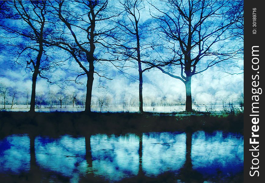 Artwork of trees and water