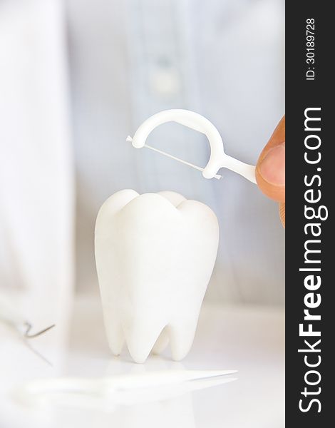 Dentist holding dental floss with molar