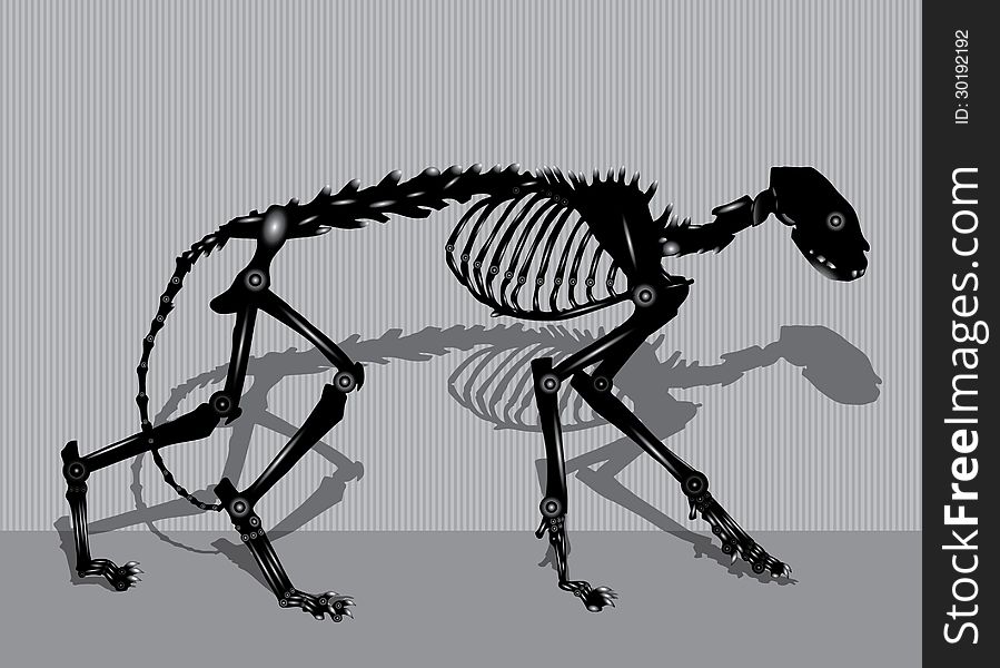 Robotic cat skeleton walking- with shadow and lined background wall