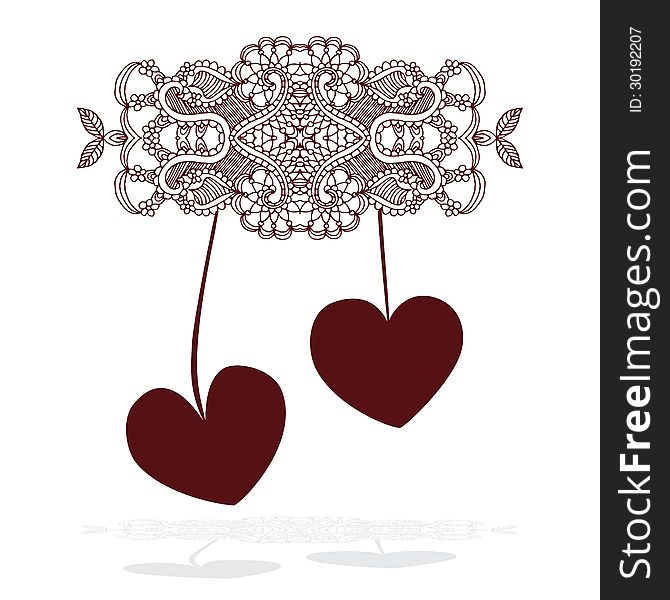 Heart shaped cherry label on simple white background with beautiful ornamented floral decoration and shadow