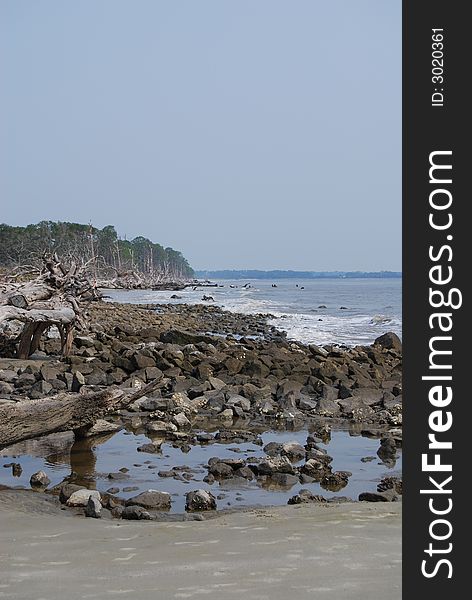 Beach with waves, rocks, trees, water. Beach with waves, rocks, trees, water