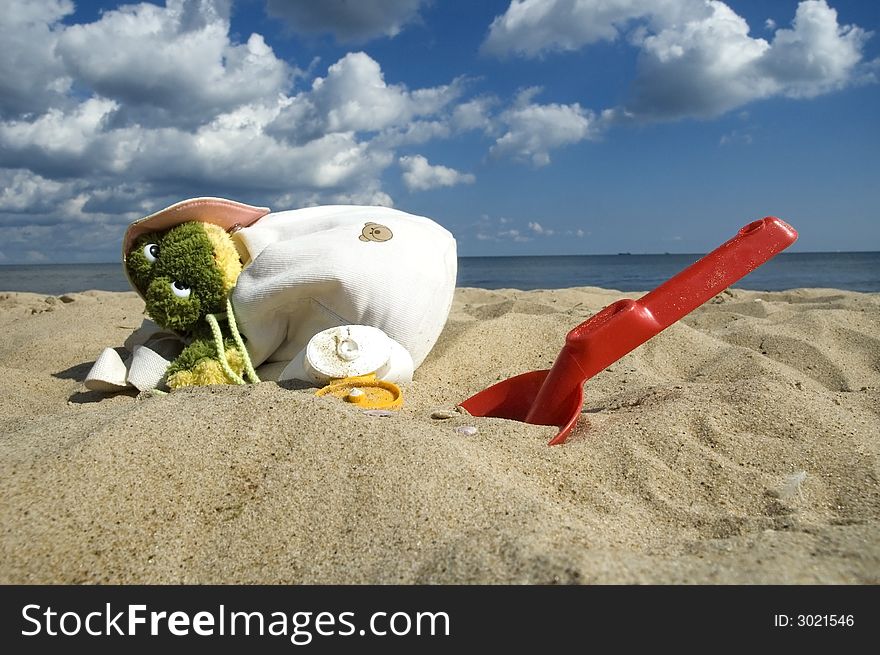 Bag and beach items and sun block. summerscenic. Bag and beach items and sun block. summerscenic