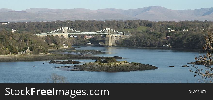 The Menai Bridge, connecting Anglesey to the mainland of Wales.