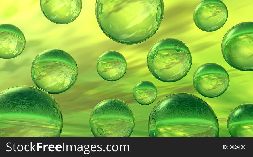 Rising green balls  on sky background - digital artwork.