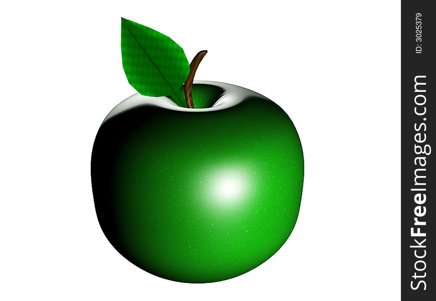 3D rendering of a green apple with a green leaf