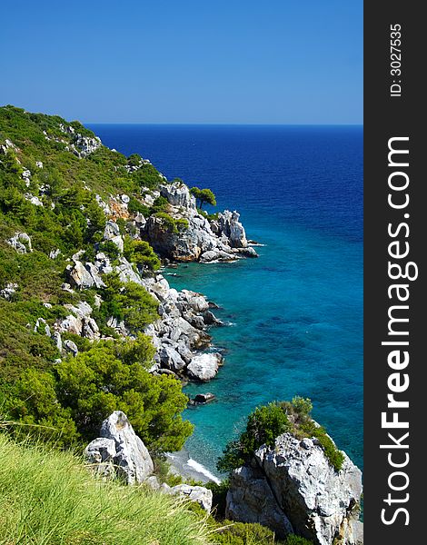 Coast with rocks, trees and blue sky