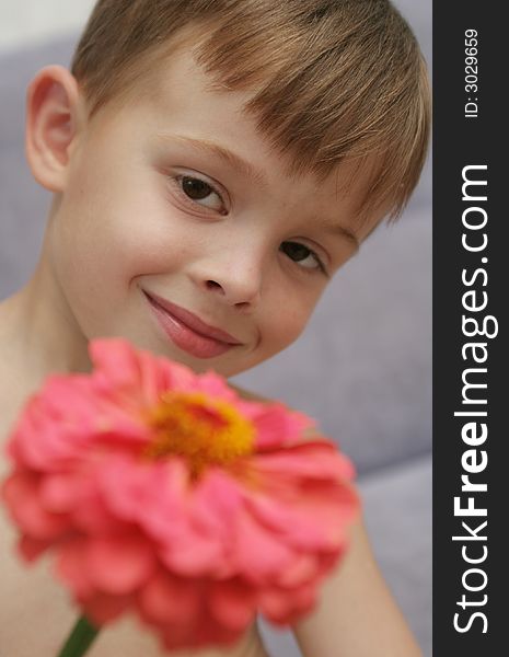 Sight of the boy with a pink flower