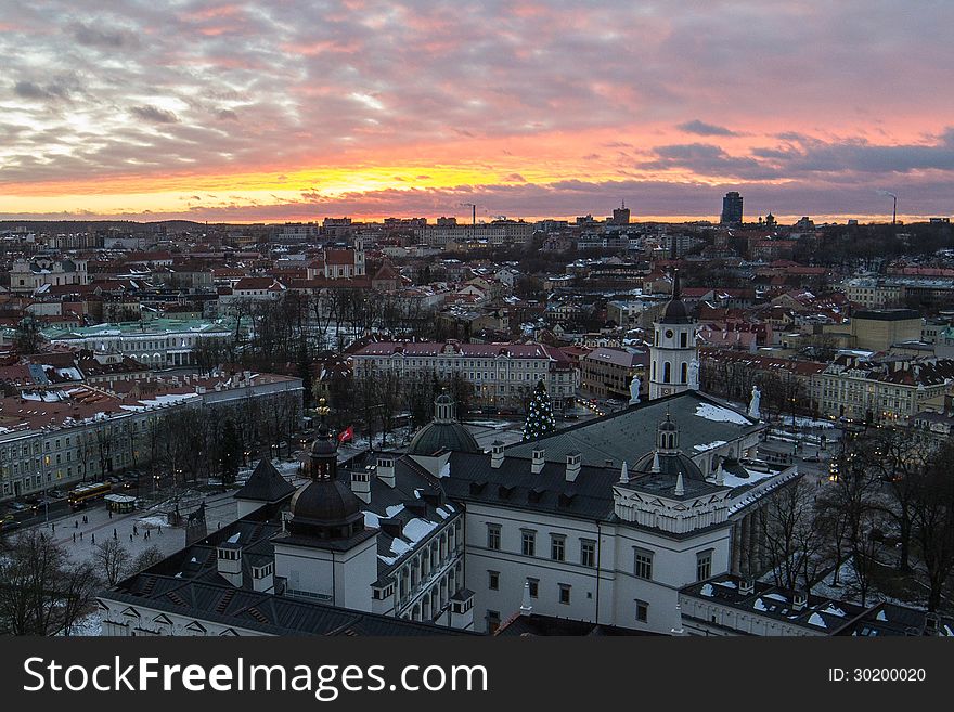 Palace of the Grand Dukes of Lithuania and Vilnius Old Town in the sunset. The view from Gediminas Tower. Winter 2013