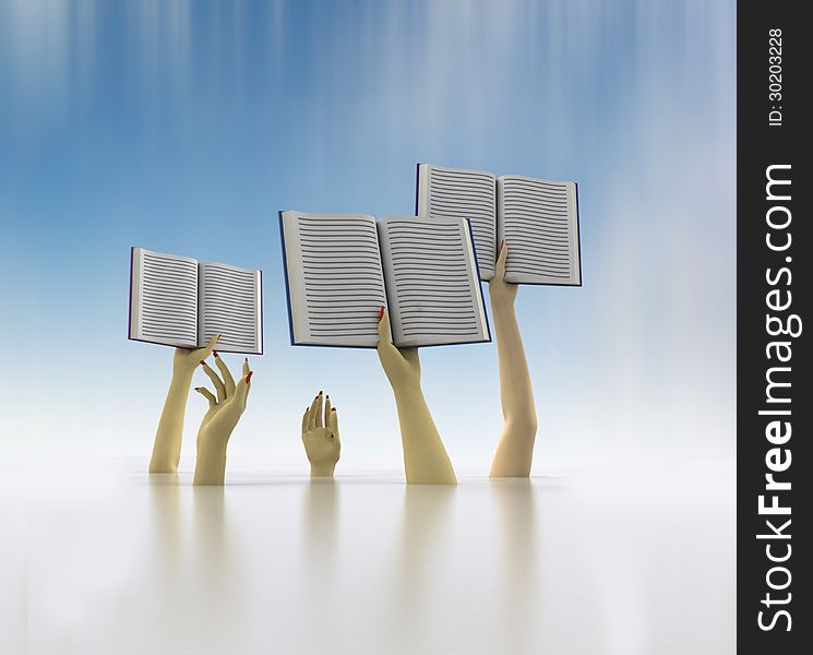 Arms holding three books on blue blur background