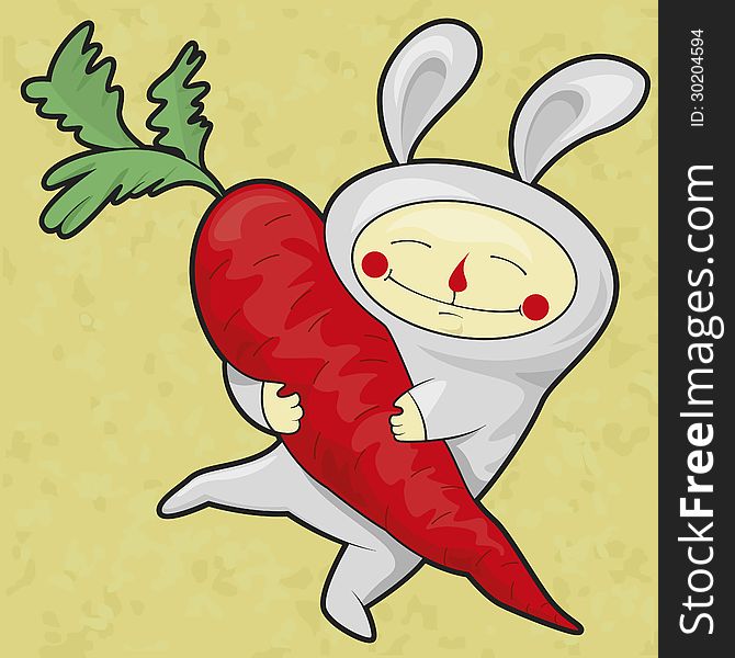 Cheerful rabbit with red carrots in paws