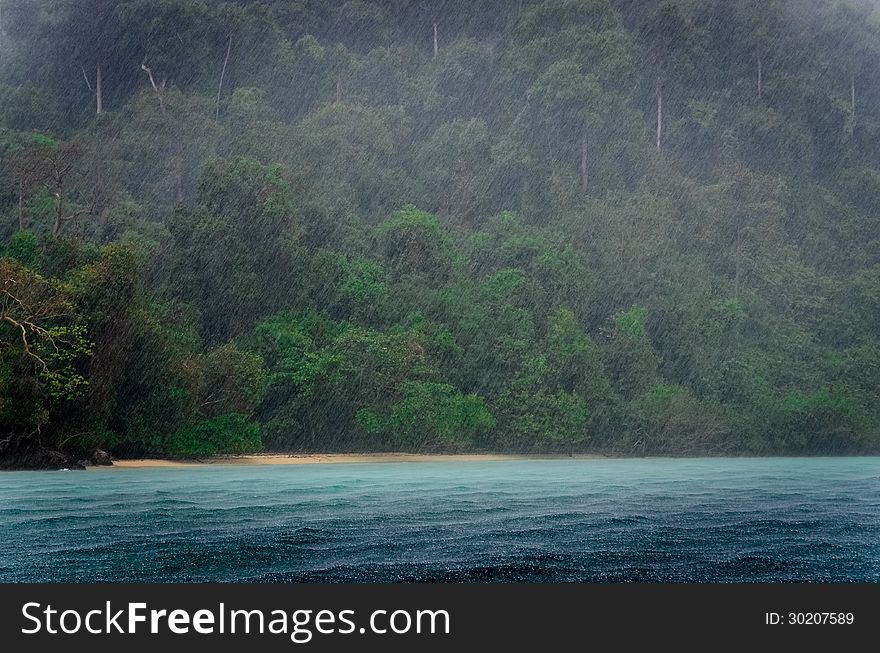 Ocean rain storm detail with green coast background