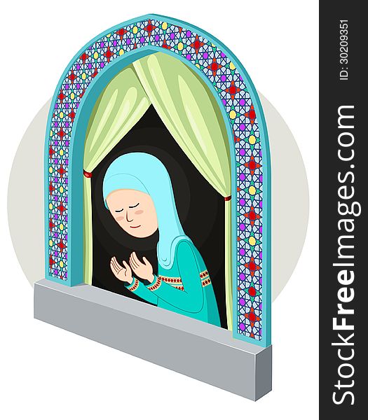 Arabic/moslem girl praying in the window, suitable for artwork for religious theme. Arabic/moslem girl praying in the window, suitable for artwork for religious theme