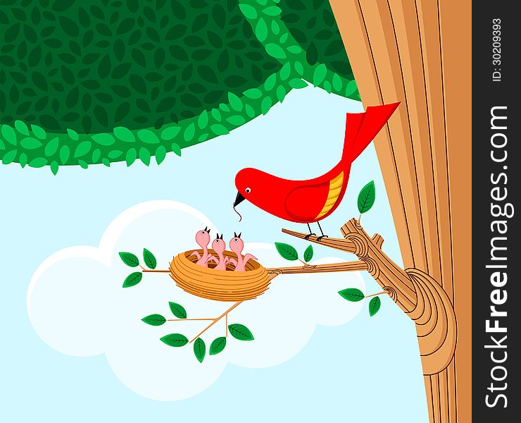 Illustration of red bird feeding her child