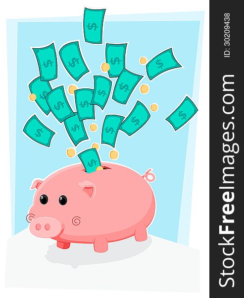 Cute piggybank with money flowing above