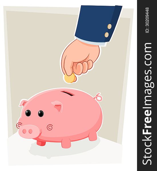A businessman saving money in a cute piggy bank