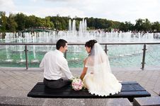 Happy Bride And Groom Near Fountain Stock Photo Happy Bride And Groom Near Fountain Stock Photo