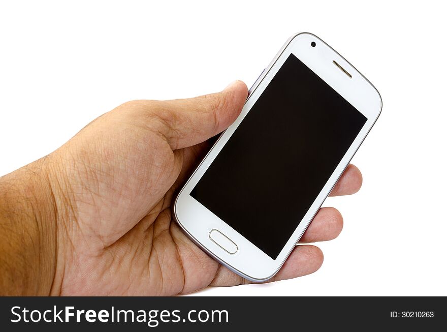 Smartl phone in hand against white background. Smartl phone in hand against white background.