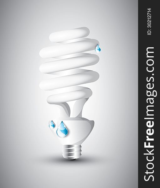 Fluorescent light bulb with blue drops on grey background. Fluorescent light bulb with blue drops on grey background