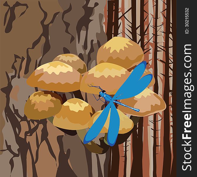 Landscape With Mushrooms On A Tree