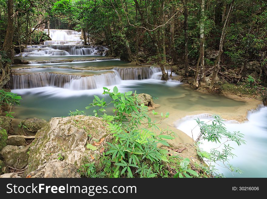 Small Trees on rocks and deep forest waterfall in Kanchanaburi, Thailand