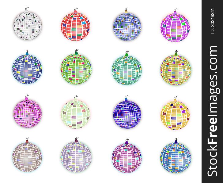 Illustration of disco balls set isolated on white.