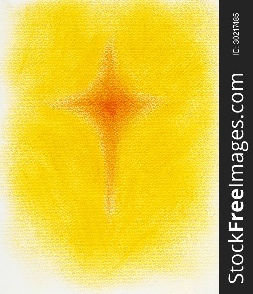 Hand drawn abstract illustration in pastel chalk, with a red cross shape on yellow background. Hand drawn abstract illustration in pastel chalk, with a red cross shape on yellow background