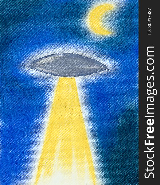 Hand drawn illustration of a flying saucer using the antigravity beam, under the night sky. Hand drawn illustration of a flying saucer using the antigravity beam, under the night sky