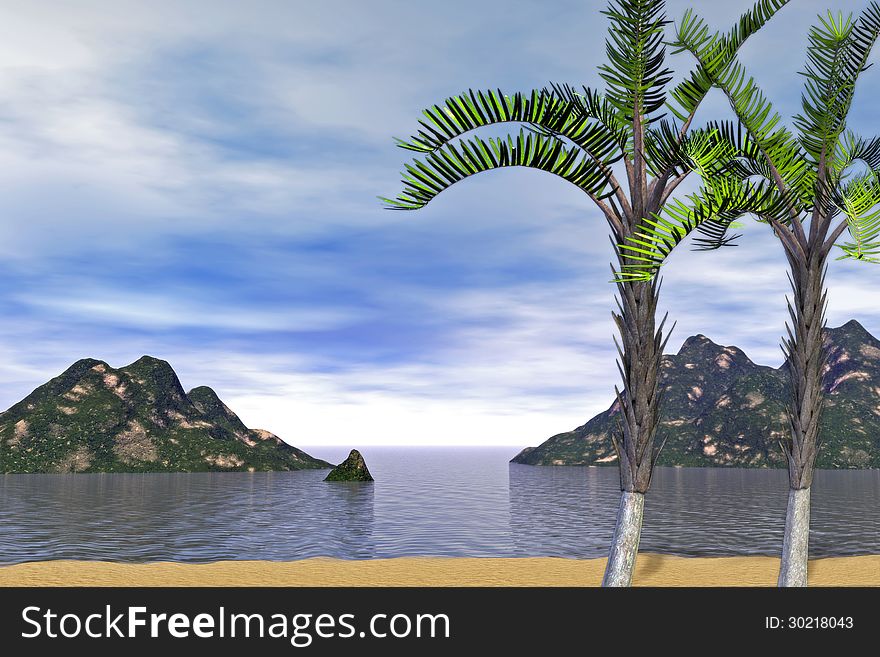 3d Beach Landscape with isles in the distance. 3d Beach Landscape with isles in the distance