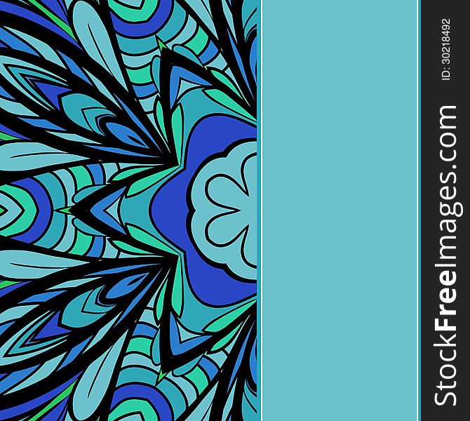 Abstract blue-green pattern like part of six-rays star with vertical place for your text