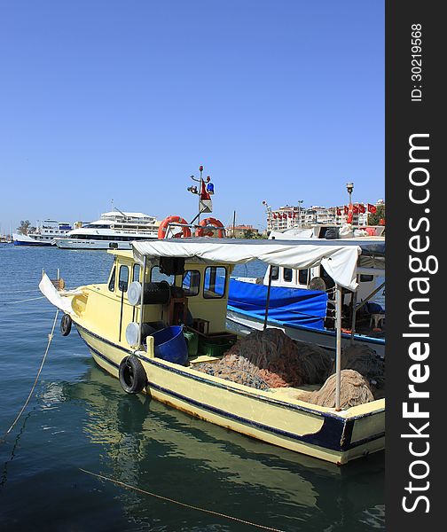 Fishing Boats and Yachts in Izmir (Bostanli), Turkey. Fishing Boats and Yachts in Izmir (Bostanli), Turkey