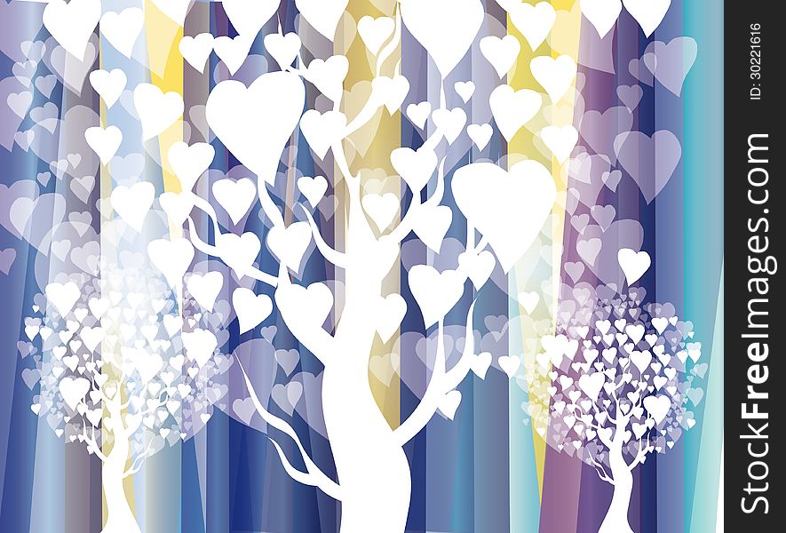 Vector graphic image with stylized white heart trees on blue background. Vector graphic image with stylized white heart trees on blue background