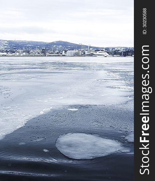 Picture taken of Oslo from the water on a cold day. Picture taken of Oslo from the water on a cold day