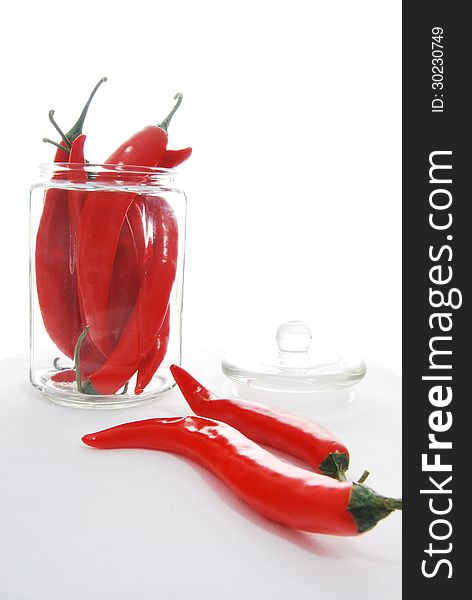 Some red chillies in a glass jar. Some red chillies in a glass jar.