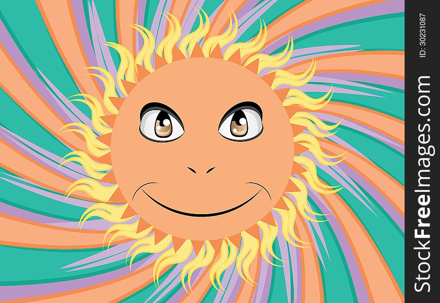 Abstract cartoon sun with happy face on background with rays. Abstract cartoon sun with happy face on background with rays.