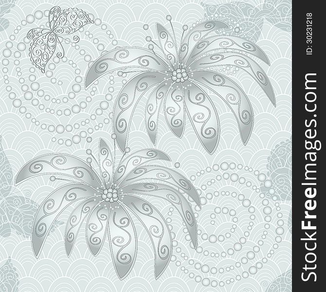 Silvery vintage seamless pattern with flowers, butterflies and concentric circles (vector). Silvery vintage seamless pattern with flowers, butterflies and concentric circles (vector)